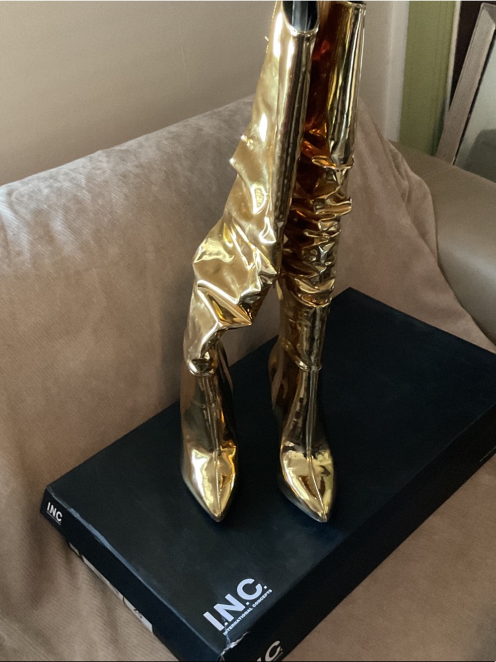 INC International Concepts Shiny Gold Over-the-Knee Pointed Toe Boots